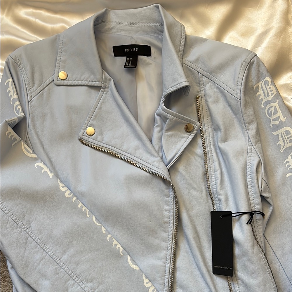 Forever 21 Baby blue Faux Leather Moto Jacket, Sz M , New